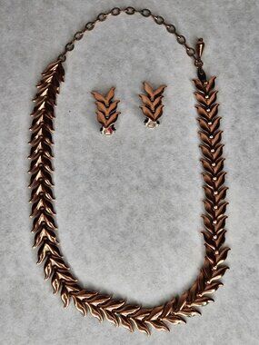 Vintage Renoir Black & Rose Gold Tone Leaf Reversible Necklace with Earrings Set